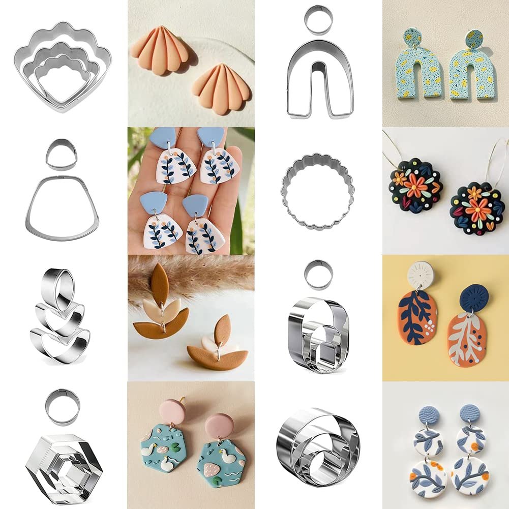 Collage of polymer clay cutters and finished clay earrings in various shapes and designs.