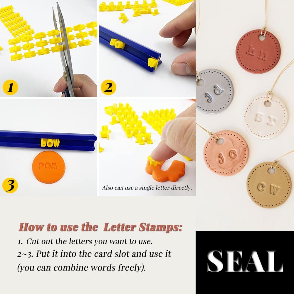 Collage showing polymer clay cutters and letter stamps in use, with finished stamped clay tags.