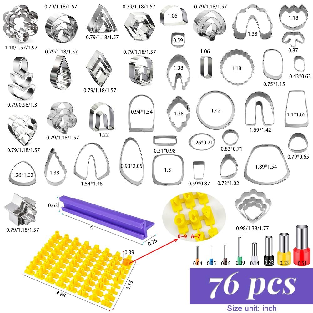 Collage of polymer clay cutters in various shapes and sizes, including numbers and letters, with dimensions listed.