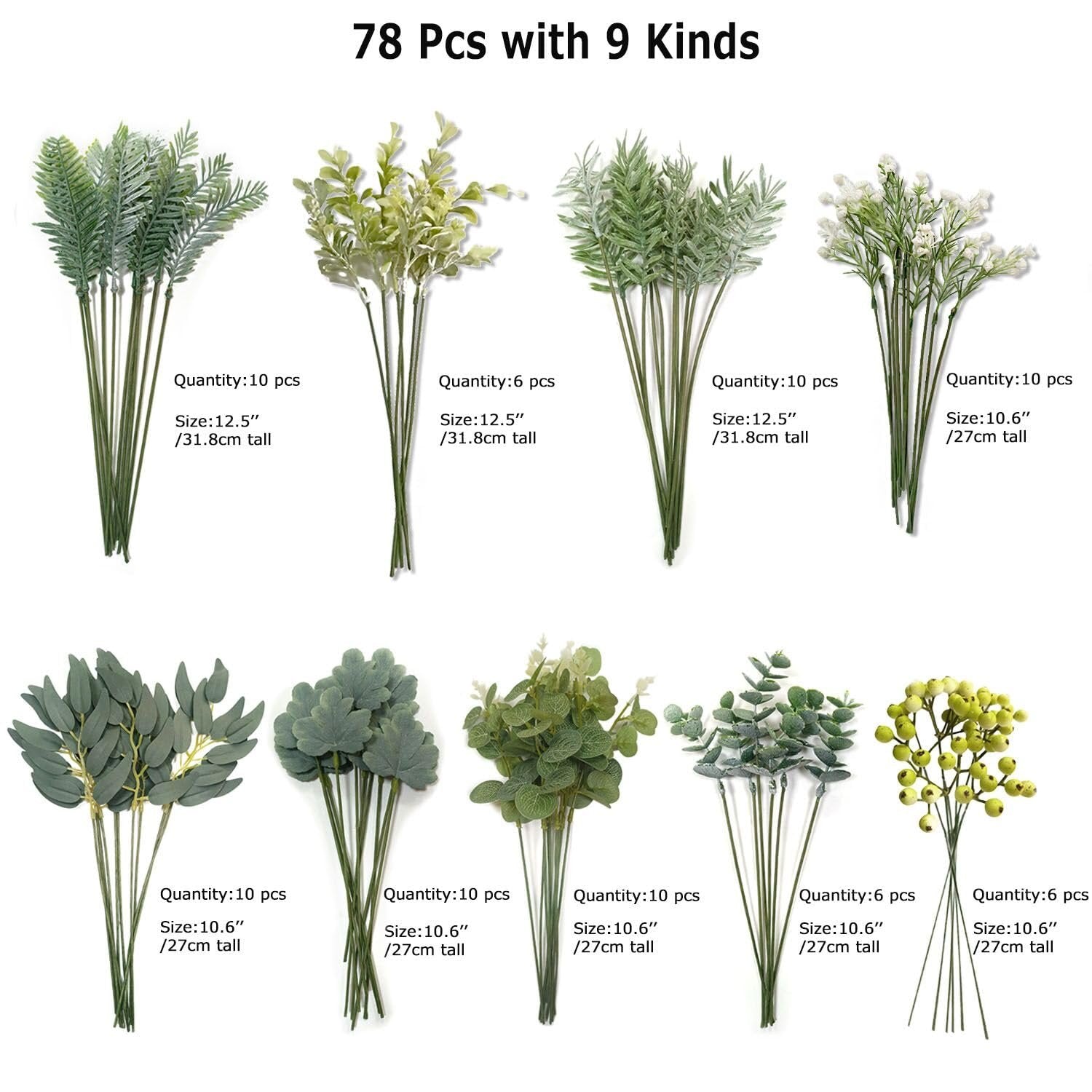Assortment of 78 artificial greenery stems in 9 varieties, displayed in two rows with quantity and size details.