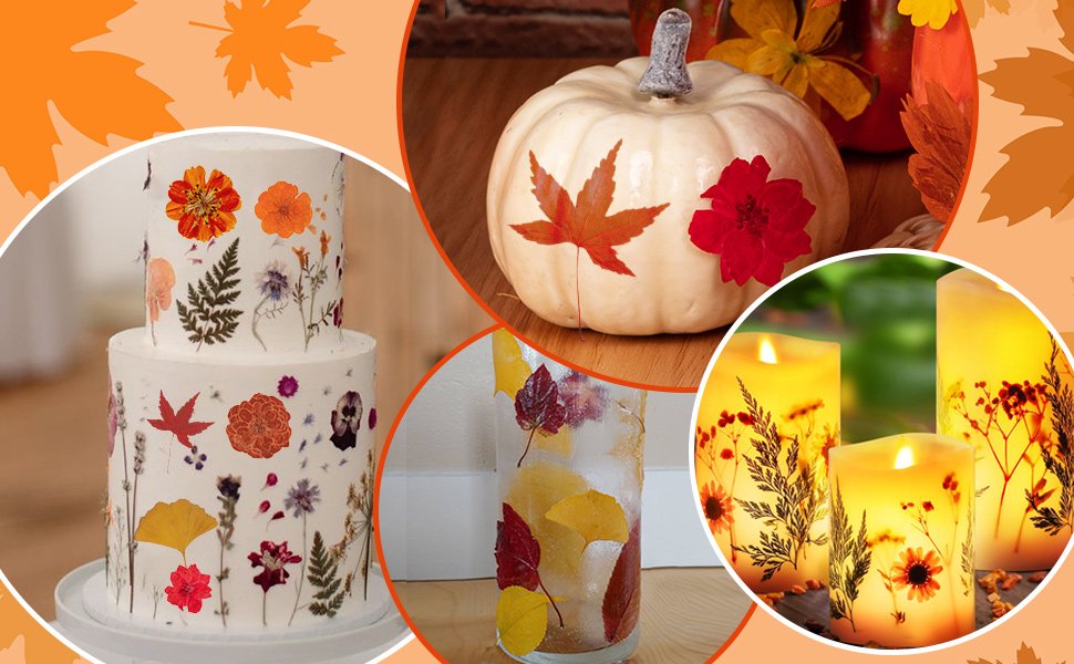 Collage of fall crafts decorated with dried pressed flowers and leaves, including a cake, pumpkin, vase, and candles.