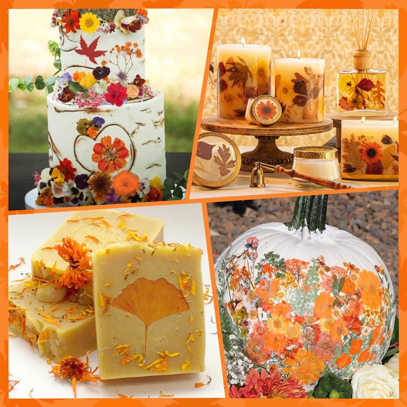 Collage of fall crafts decorated with dried flowers and leaves: a tiered cake, candles, soaps, and a pumpkin.