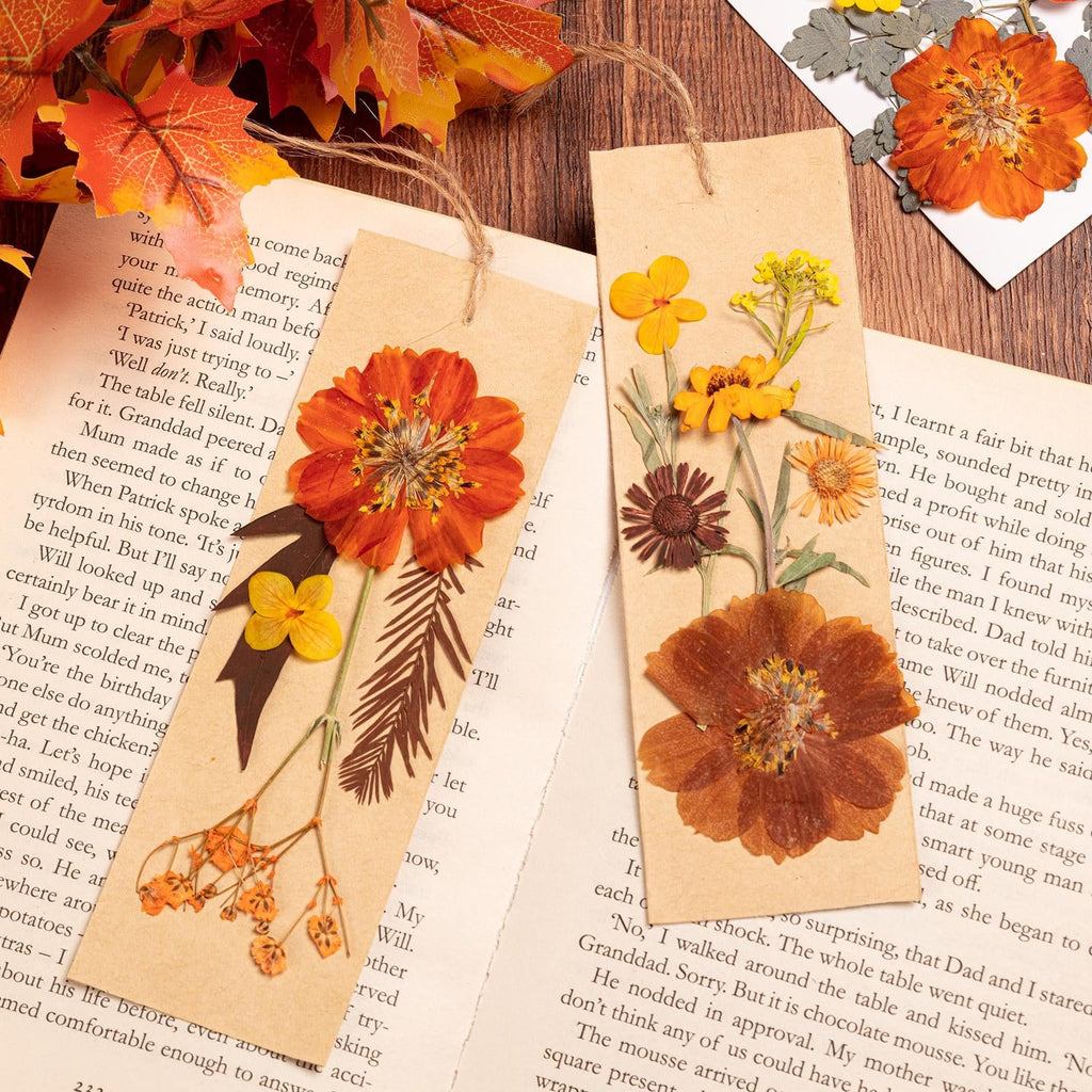 Dried pressed flowers and leaves arranged on open books and cardstock, with autumn leaves in the background.