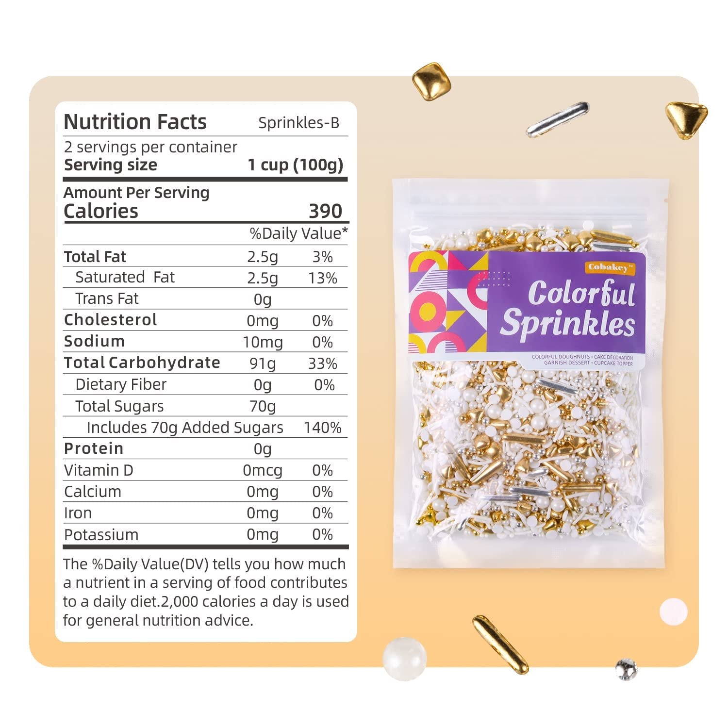 Bag of gold and silver sprinkles next to a nutrition facts label, with loose sprinkles scattered around.