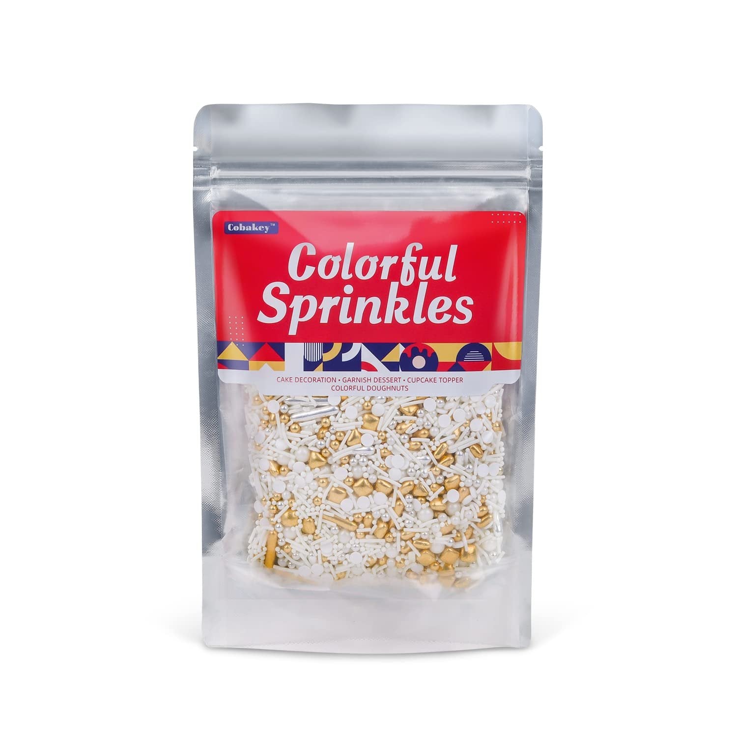 Bag of gold and silver sprinkles for cake decoration, showing white, gold, and silver strands, pearls, and stars.