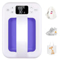 Portable mini heat press machine with digital display showing 155 degrees and 30 seconds, next to examples of decorated items: backpack, sneakers, and tote bag.