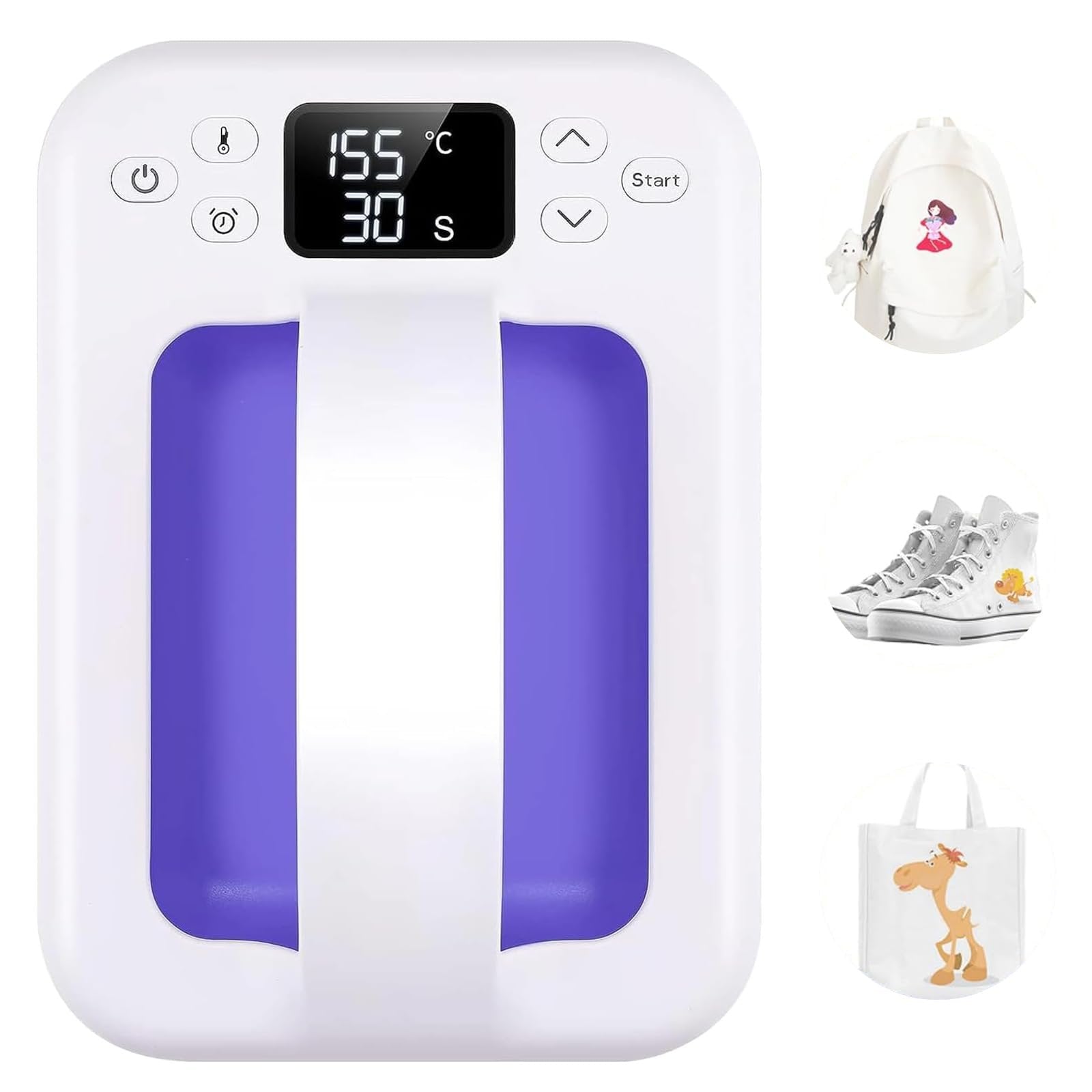 Portable mini heat press machine with digital display showing 155 degrees and 30 seconds, next to examples of decorated items: backpack, sneakers, and tote bag.