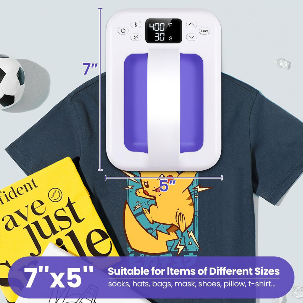 Portable heat press machine shown on a t-shirt with Pikachu graphic, with size indicators and text overlays.