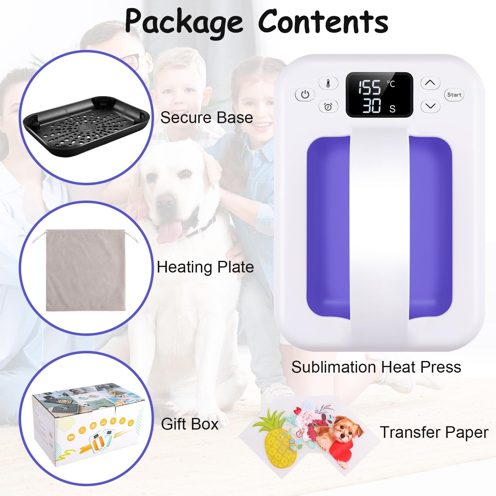Package contents of a mini heat press machine including a secure base, heating plate, gift box, and transfer paper.