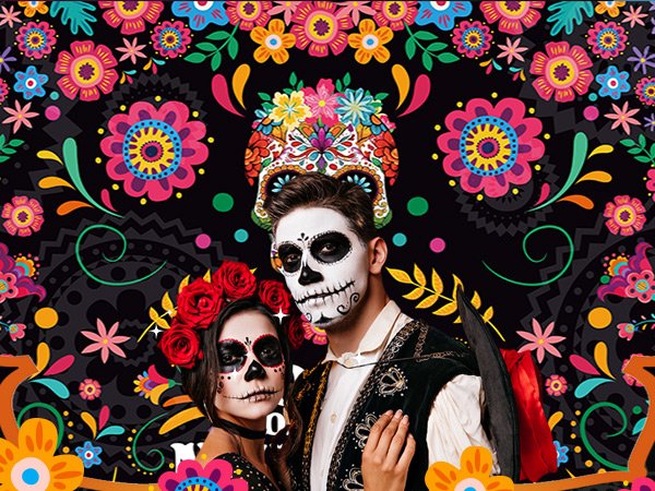 Day of the Dead backdrop with sugar skull couple and marigold flowers. Festive floral pattern on black background.