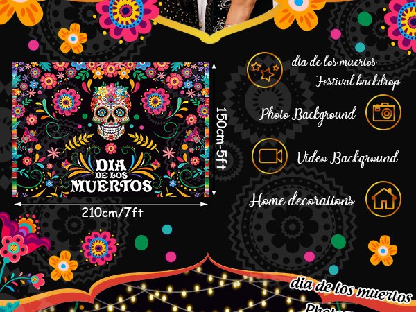 Day of the Dead photography backdrop with sugar skull and marigold flowers, showing dimensions 210cm/7ft and 150cm/5ft.