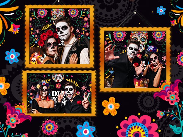 Day of the Dead themed photography backdrop with three framed scenes of people in sugar skull makeup and colorful floral patterns.