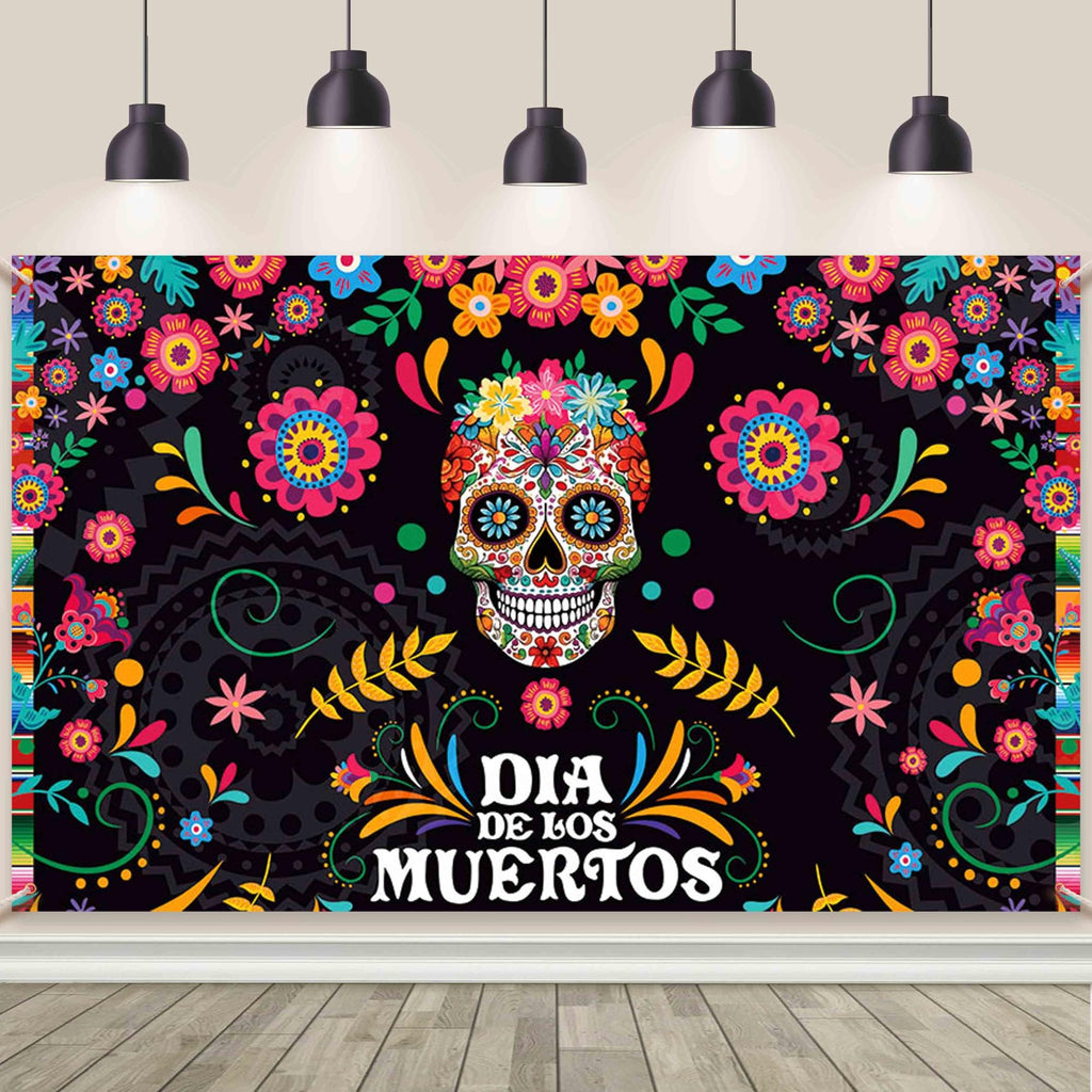 Day of the Dead photography backdrop with sugar skull and marigold flowers