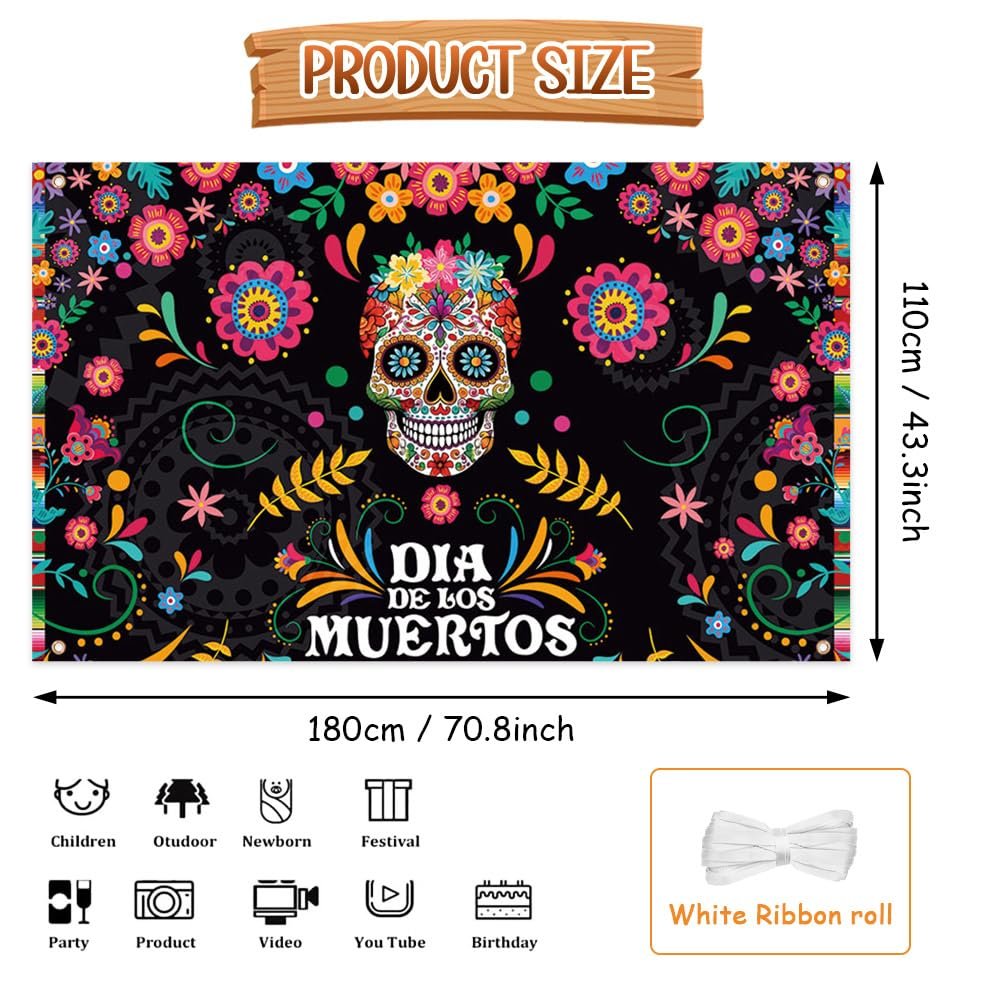 Day of the Dead photography backdrop with sugar skull and marigold flowers, showing dimensions and usage icons.