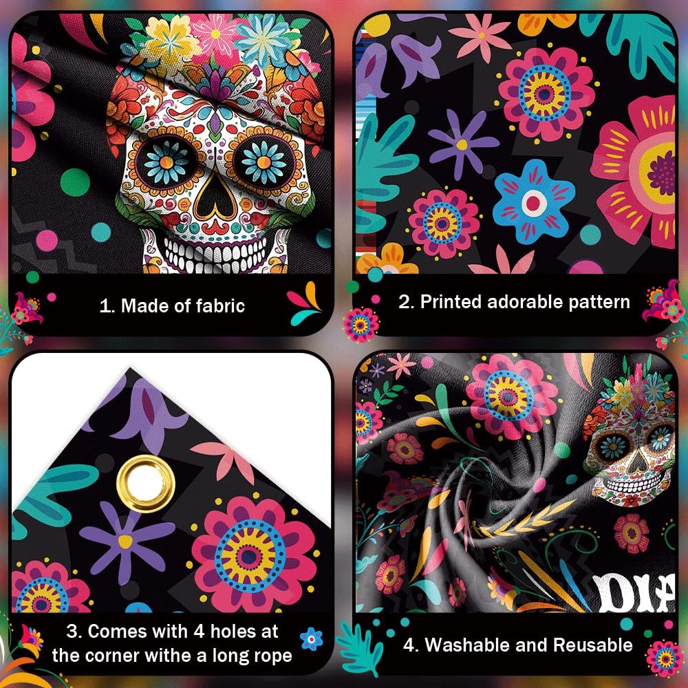 Collage of Day of the Dead photography backdrop details: sugar skull, floral patterns, grommets, and fabric texture.