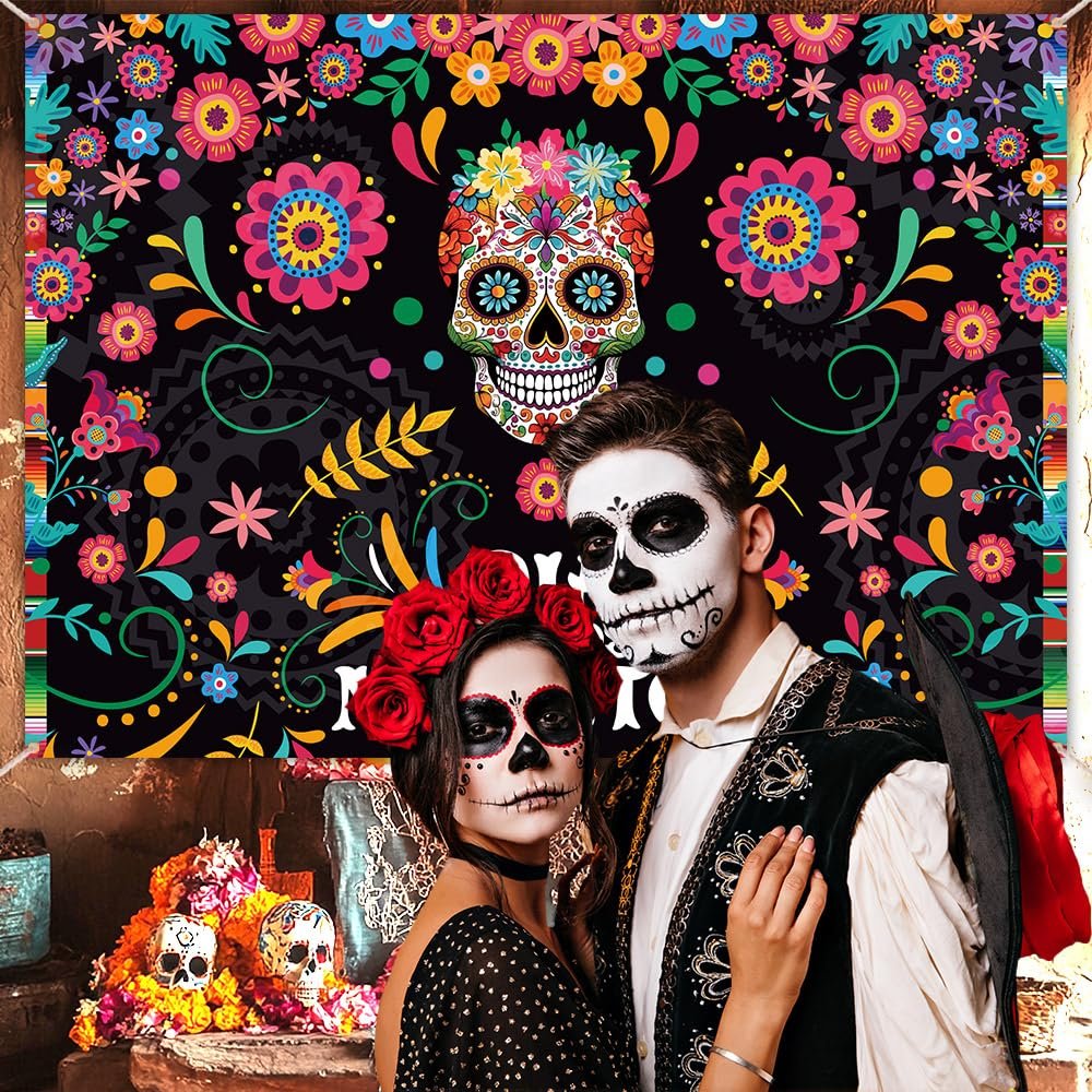 Day of the Dead backdrop with sugar skull and marigold flowers, featuring a couple in Dia de los Muertos makeup.