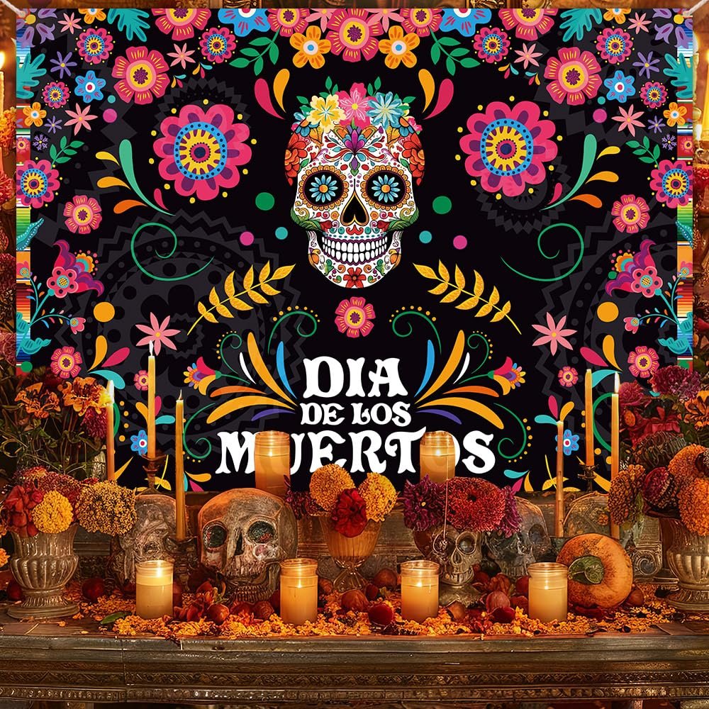 Day of the Dead photography backdrop with sugar skull, marigolds, and candles on a decorated altar.