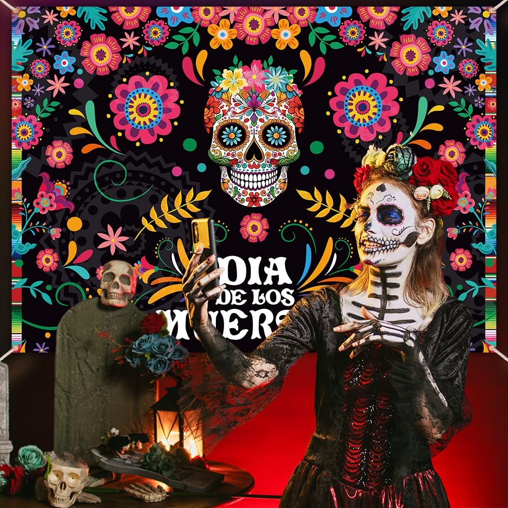 Day of the Dead backdrop with sugar skull and marigold flowers, featuring a woman in costume taking a selfie.