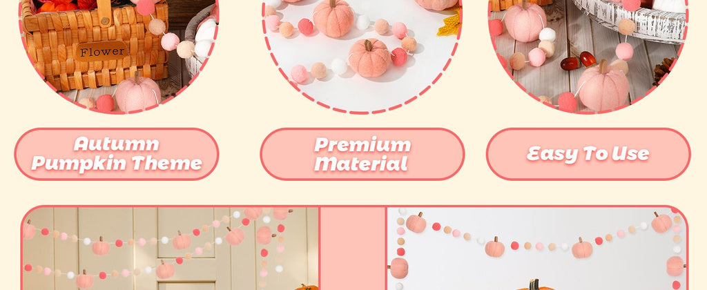 Pink felt pumpkins and pom pom garland displayed in various settings, including a basket and on a wall.
