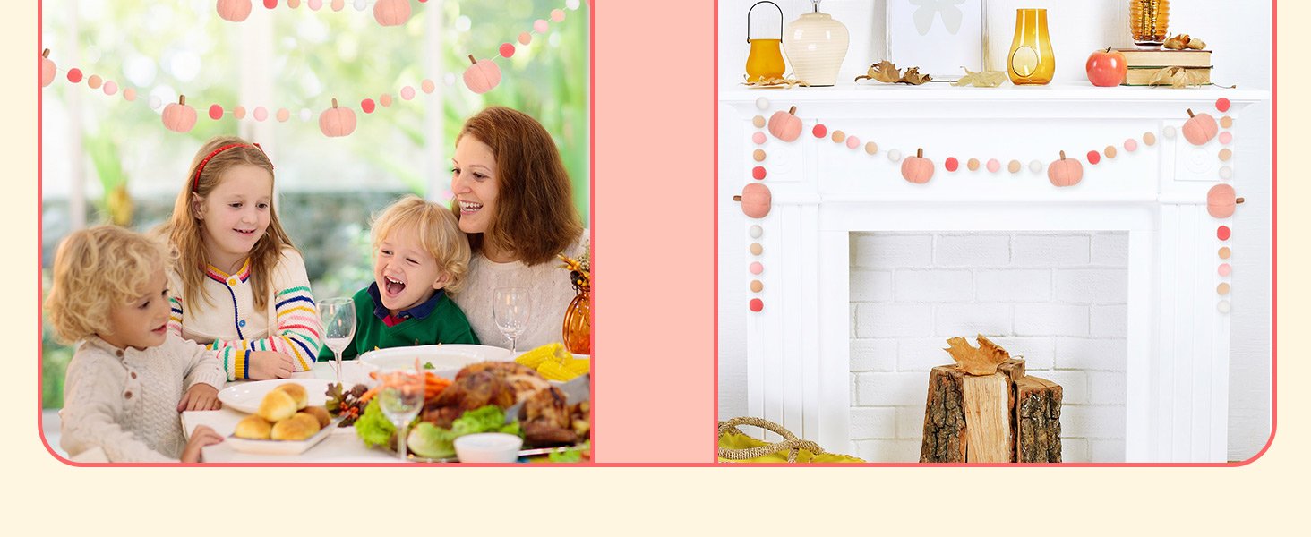 Family enjoying Thanksgiving dinner with a felt ball and pumpkin garland hanging above.