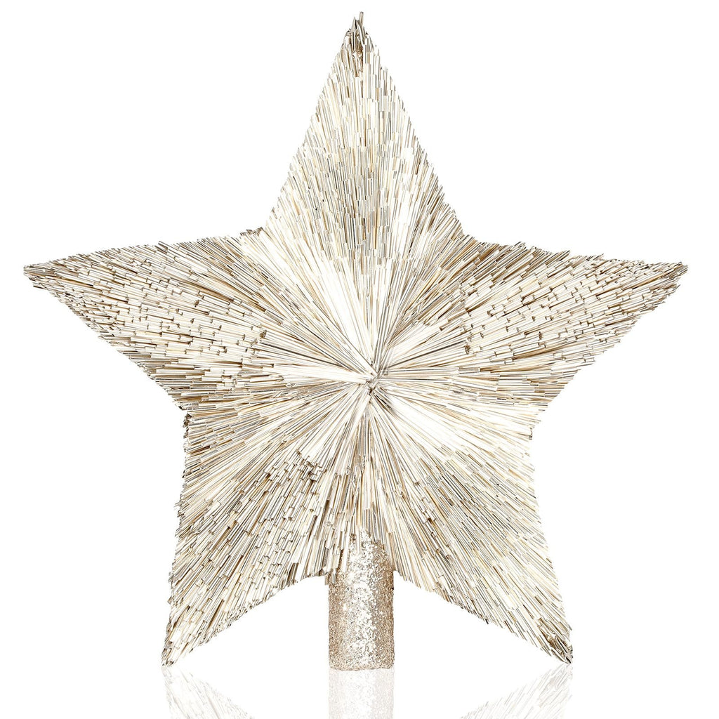 Champagne gold star tree topper with a glittery base, shown against a white background.