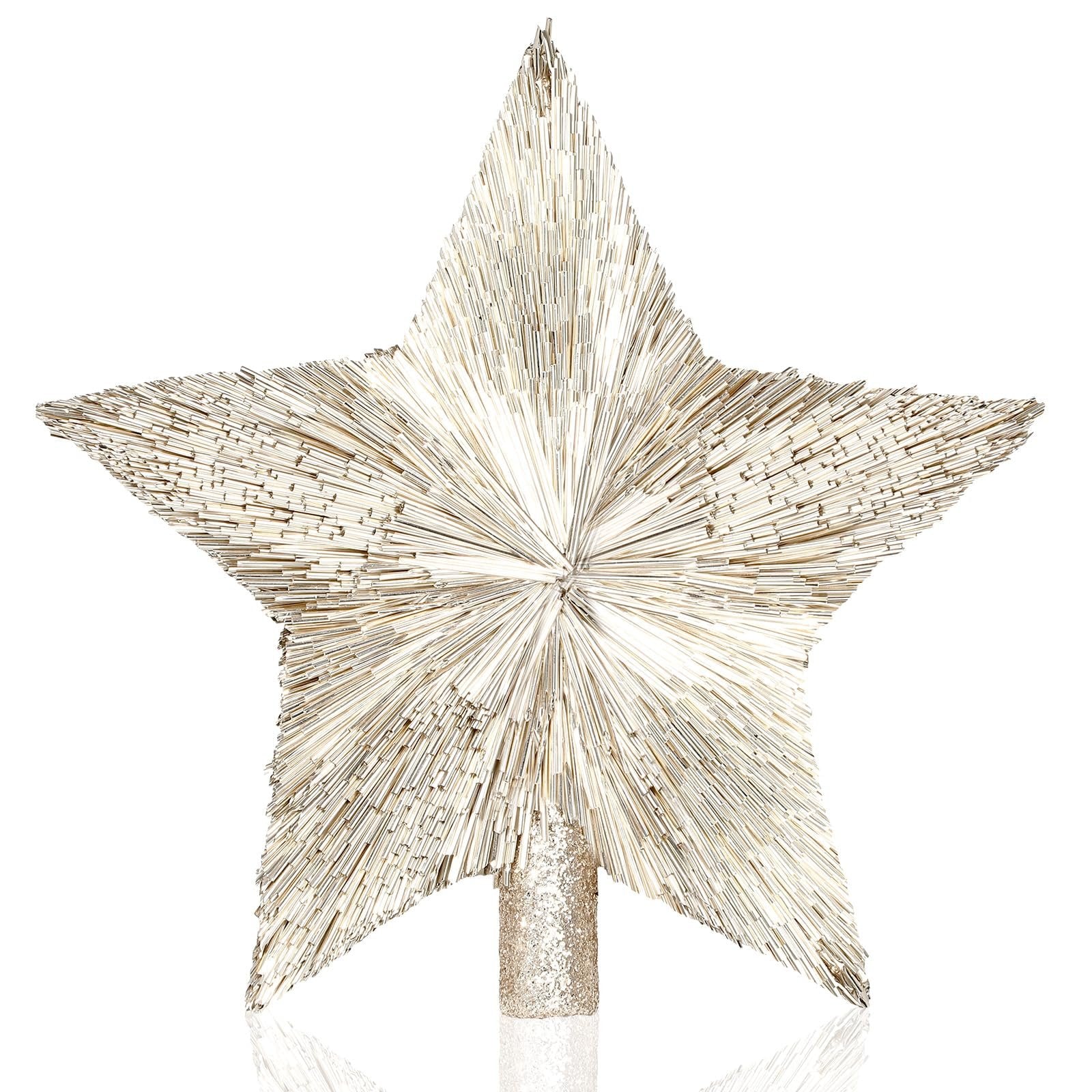 Champagne gold star tree topper with a glittery base, shown against a white background.