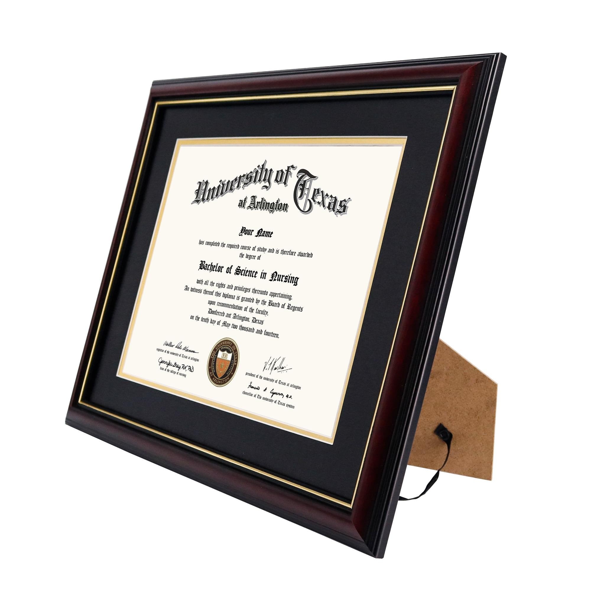 Diploma frame with a University of Texas at Arlington nursing degree certificate displayed inside, angled view on white background.