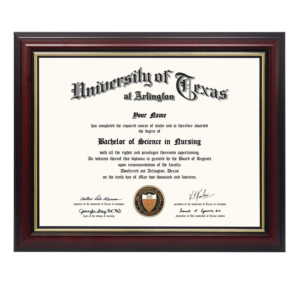 8.5x11 certificate diploma frame with cherry finish and gold trim, showing a Bachelor of Science in Nursing degree from the University of Texas at Arlington.