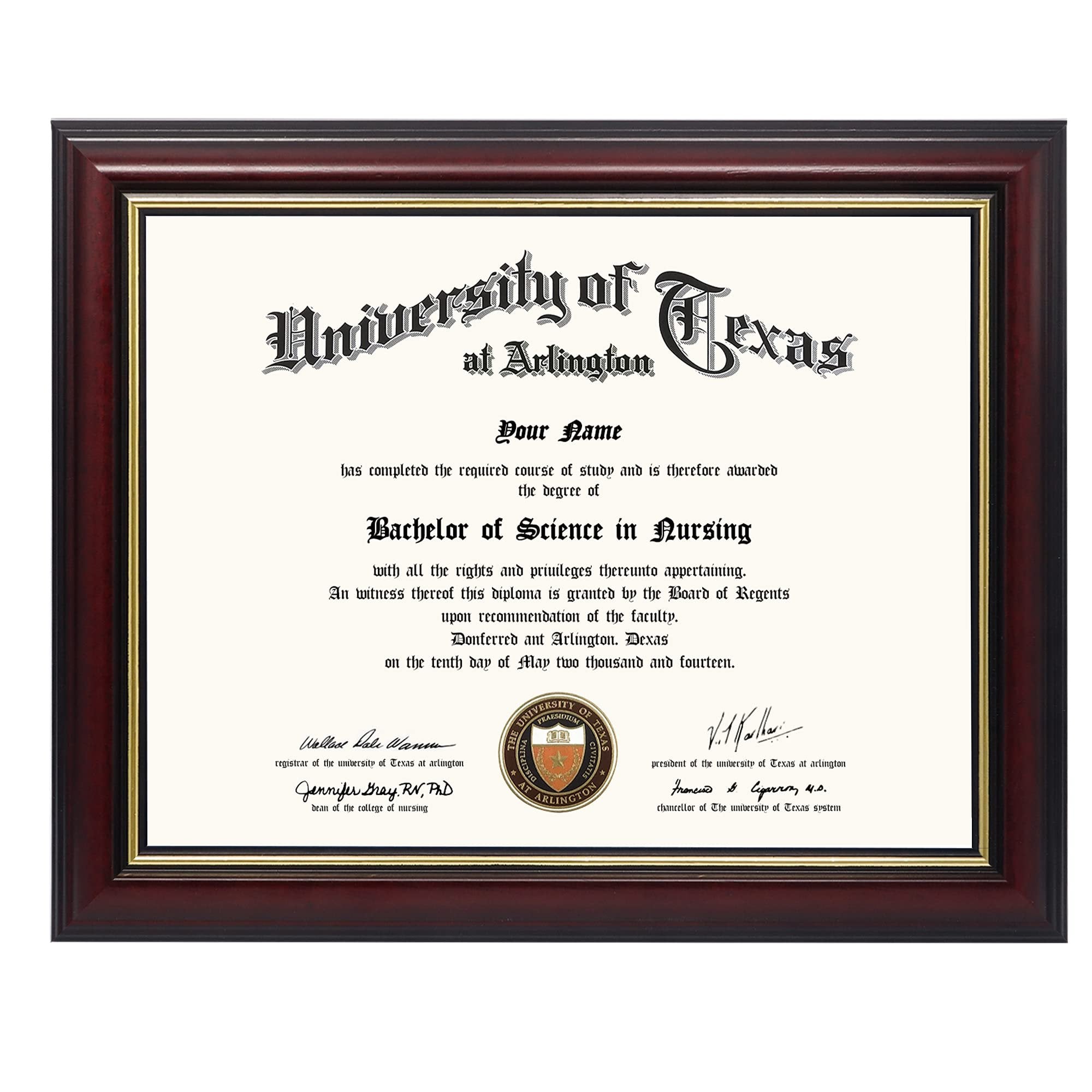8.5x11 certificate diploma frame with cherry finish and gold trim, showing a Bachelor of Science in Nursing degree from the University of Texas at Arlington.