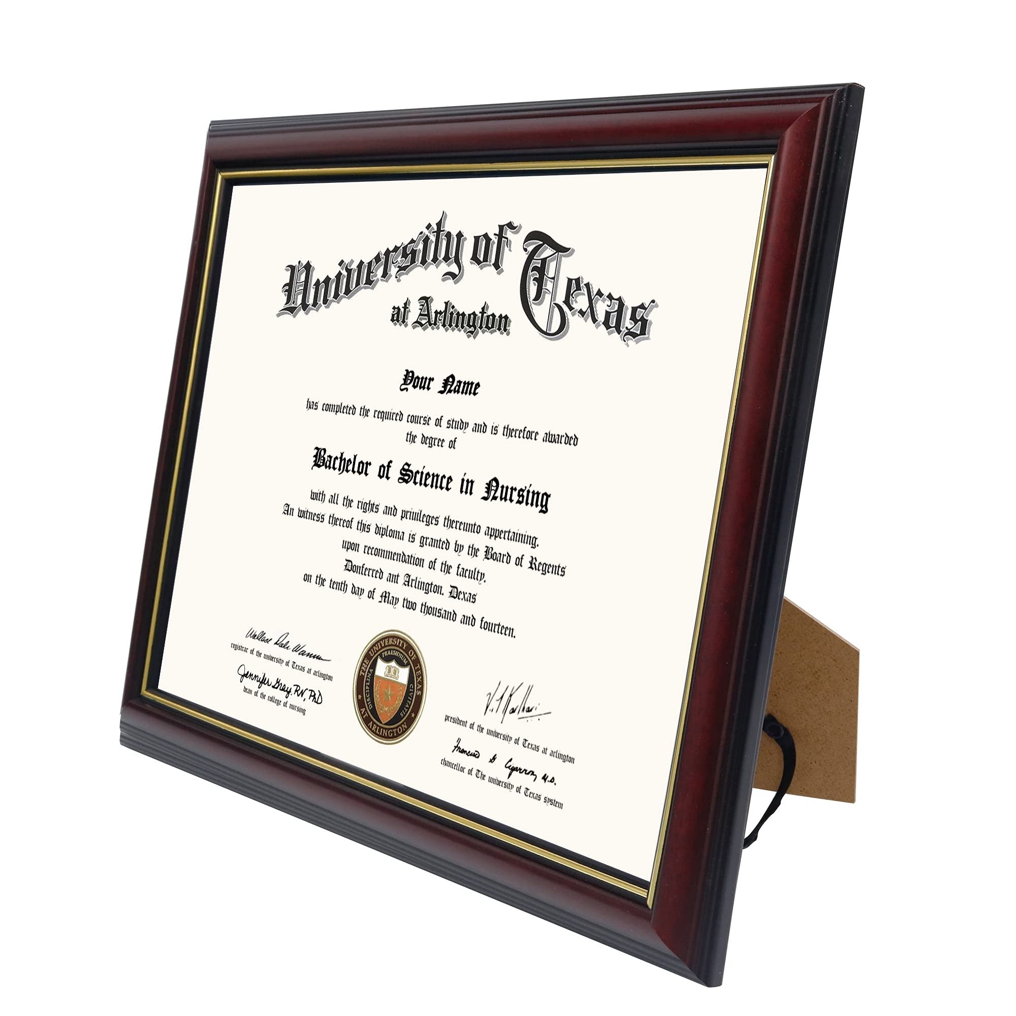 8.5x11 certificate frame with diploma inside, showing University of Texas at Arlington seal and text, cherry wood finish with gold trim.