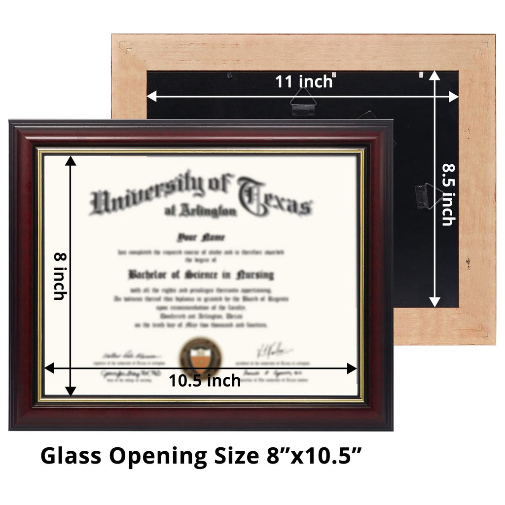 Diploma frame with certificate showing dimensions and glass opening size. Back of frame visible.