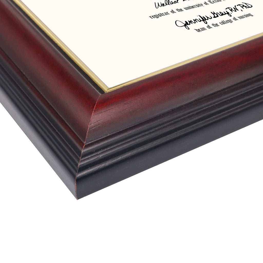 Close-up of a certificate diploma frame with cherry finish and gold trim, showing text on the document inside.