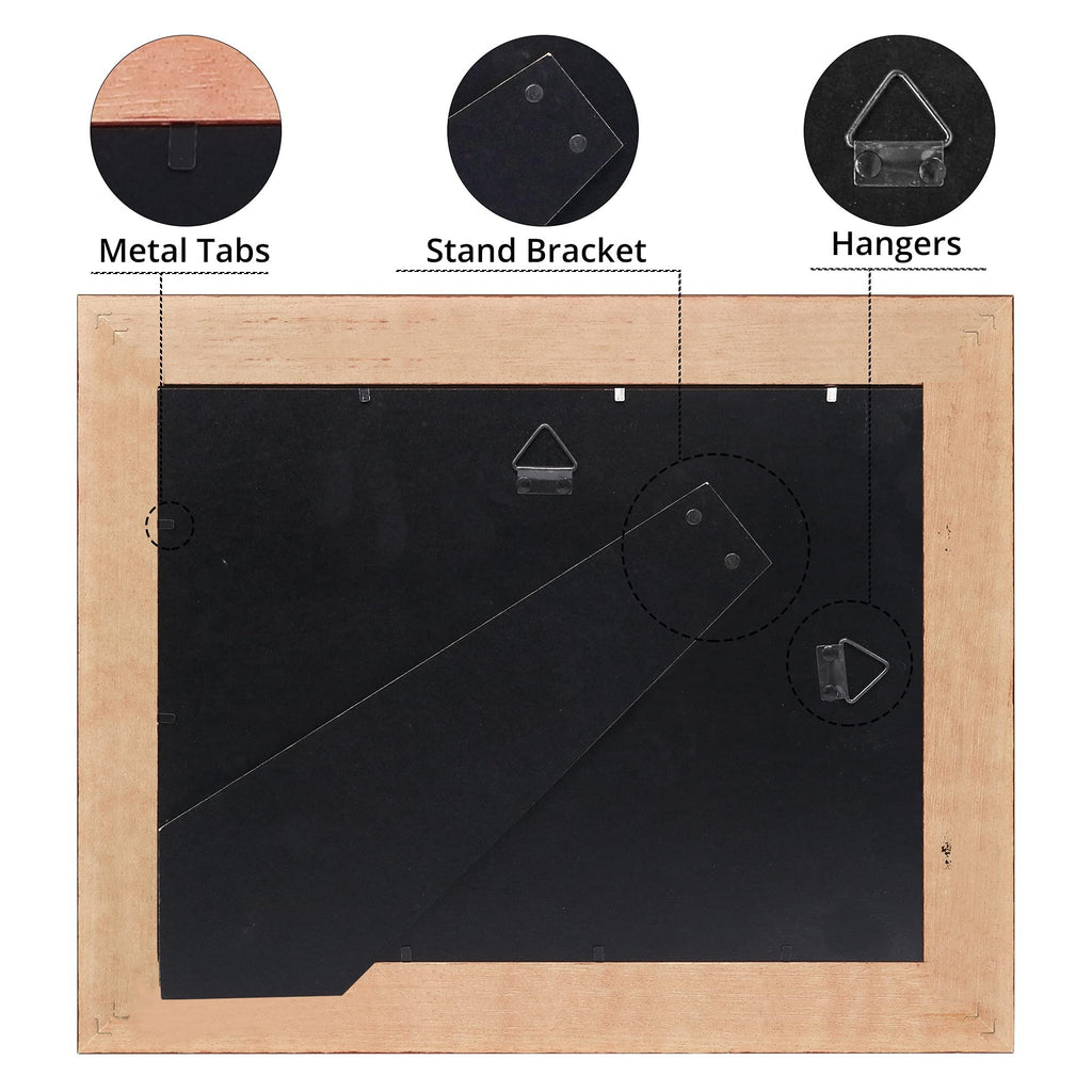 Back of an 8.5x11 certificate frame showing metal tabs, stand bracket, and hangers with labels.