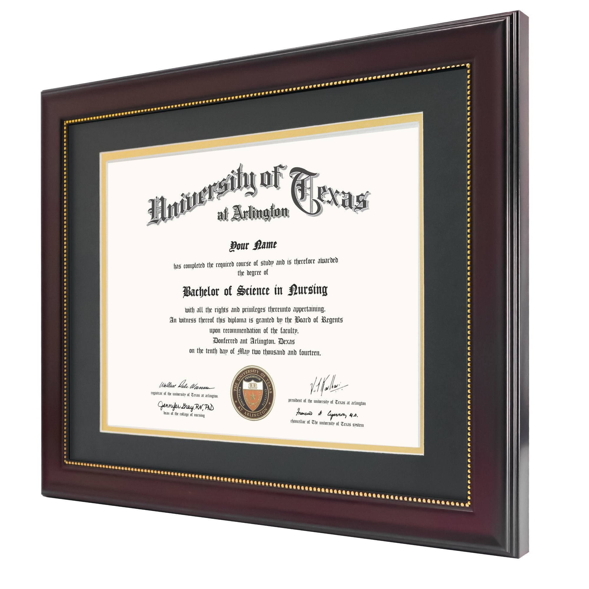 Mahogany diploma frame with black and gold double mat displaying a University of Texas at Arlington nursing degree.