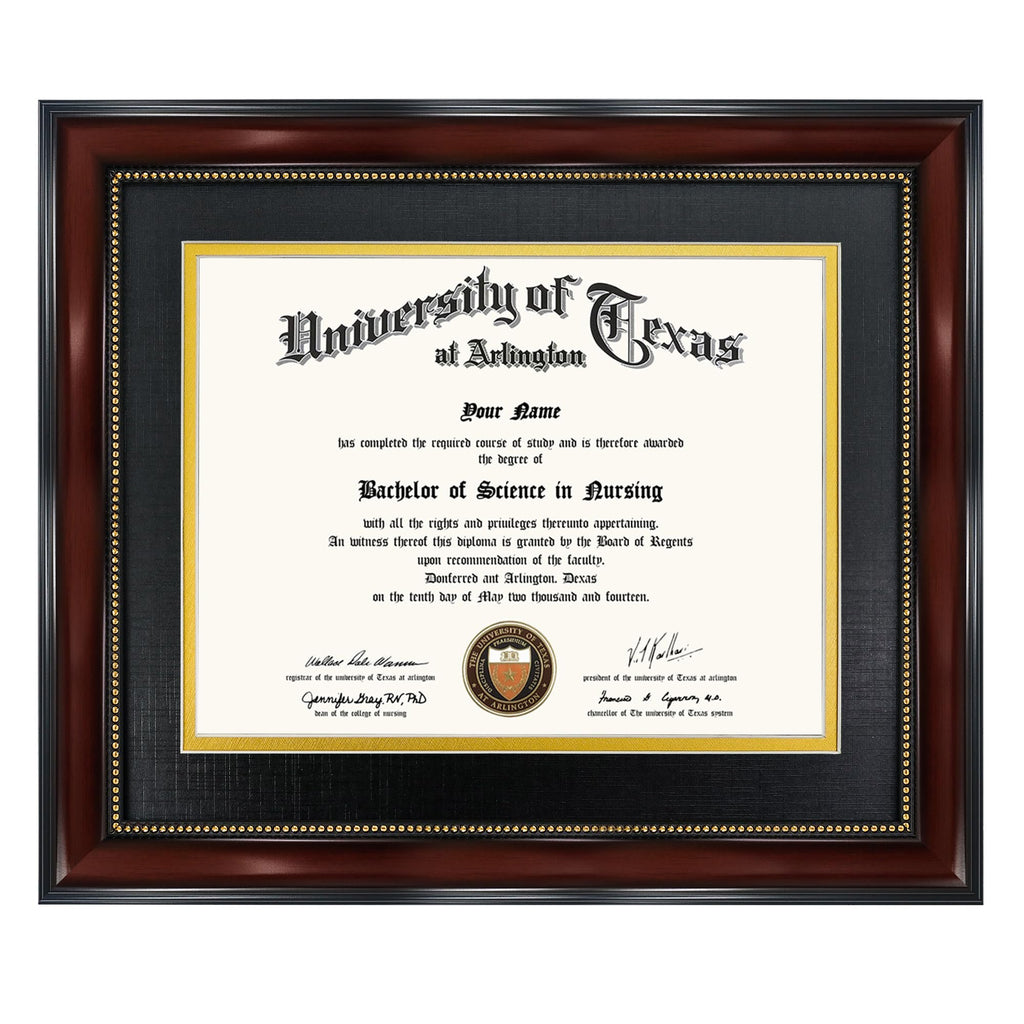 Mahogany diploma frame with black and gold double mat displaying a University of Texas at Arlington nursing degree.