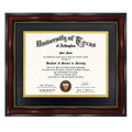 Mahogany diploma frame with black and gold double mat displaying a University of Texas at Arlington nursing degree.