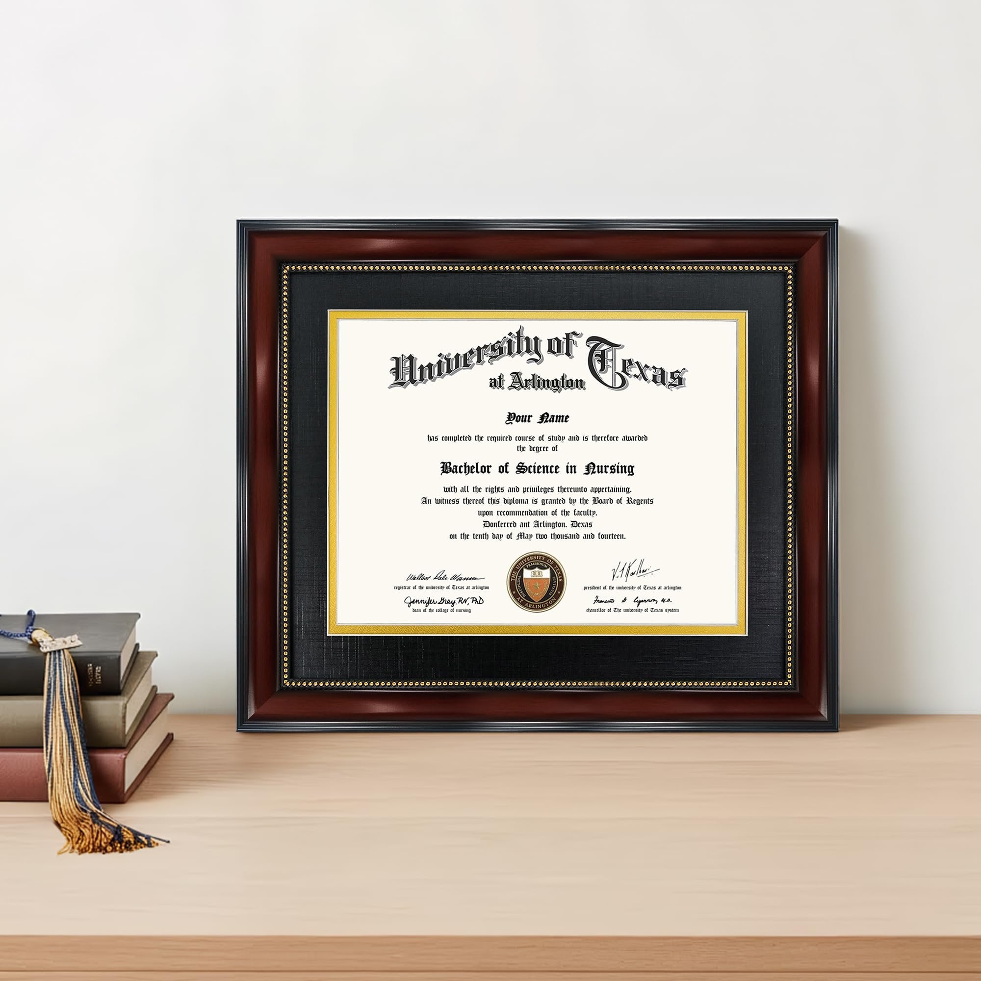 Mahogany diploma frame with black and gold double mat displaying a University of Texas at Arlington Bachelor of Science in Nursing degree.