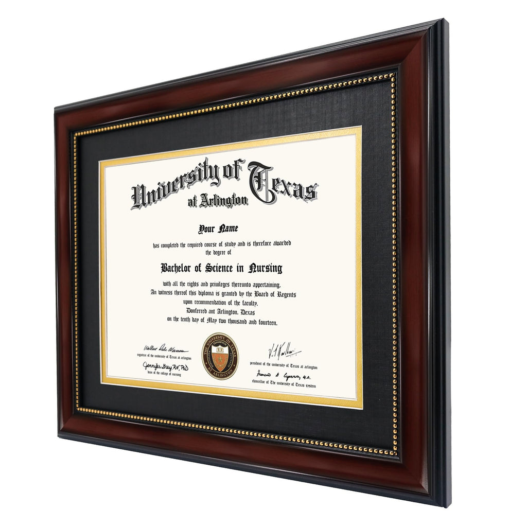 Mahogany diploma frame with black and gold double mat, displaying a University of Texas at Arlington diploma.