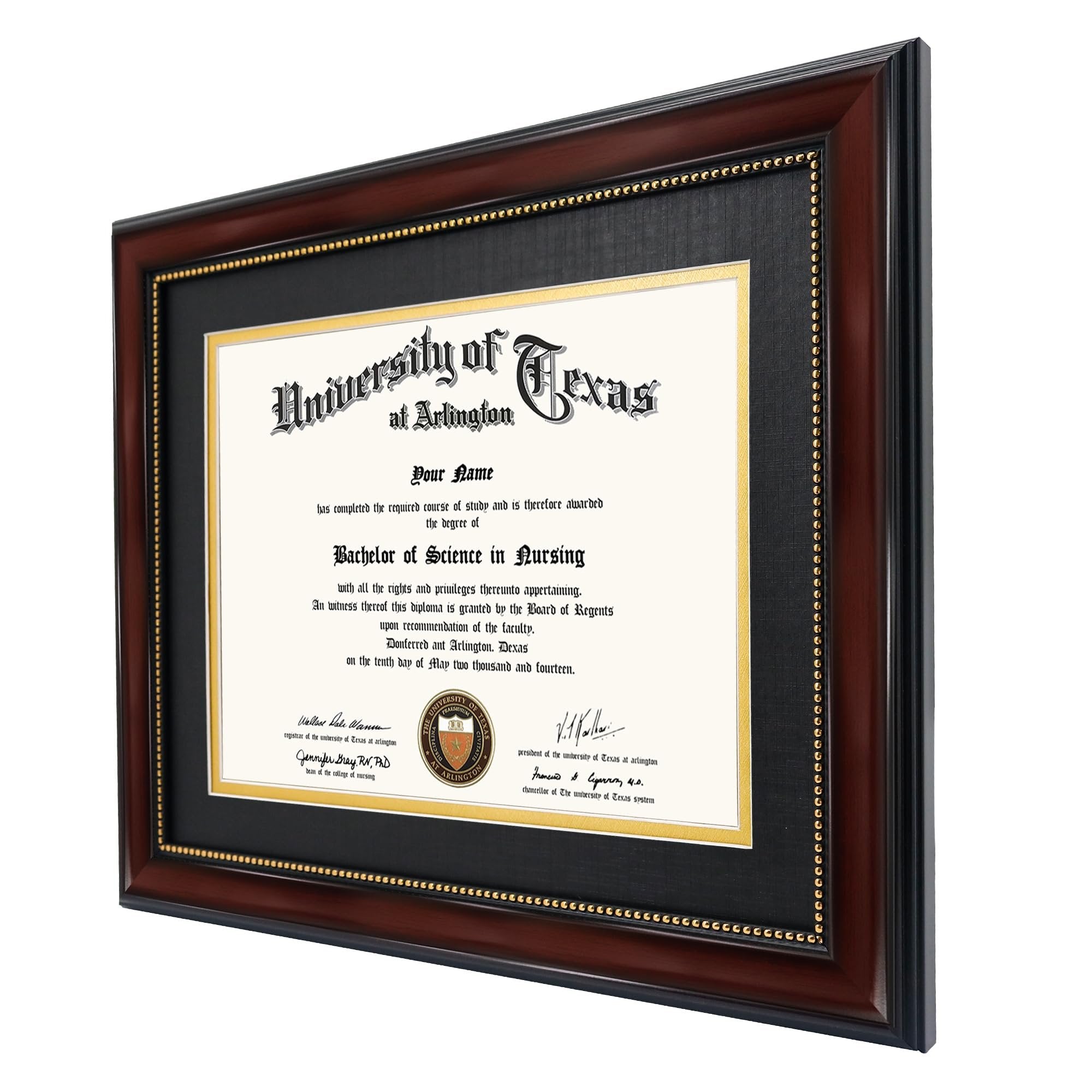 Mahogany diploma frame with black and gold double mat, displaying a University of Texas at Arlington diploma.