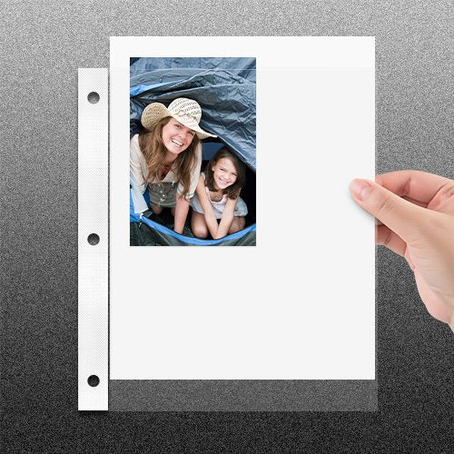8.5x11 inch scrapbook page protector holding a photo of a woman and child in a tent