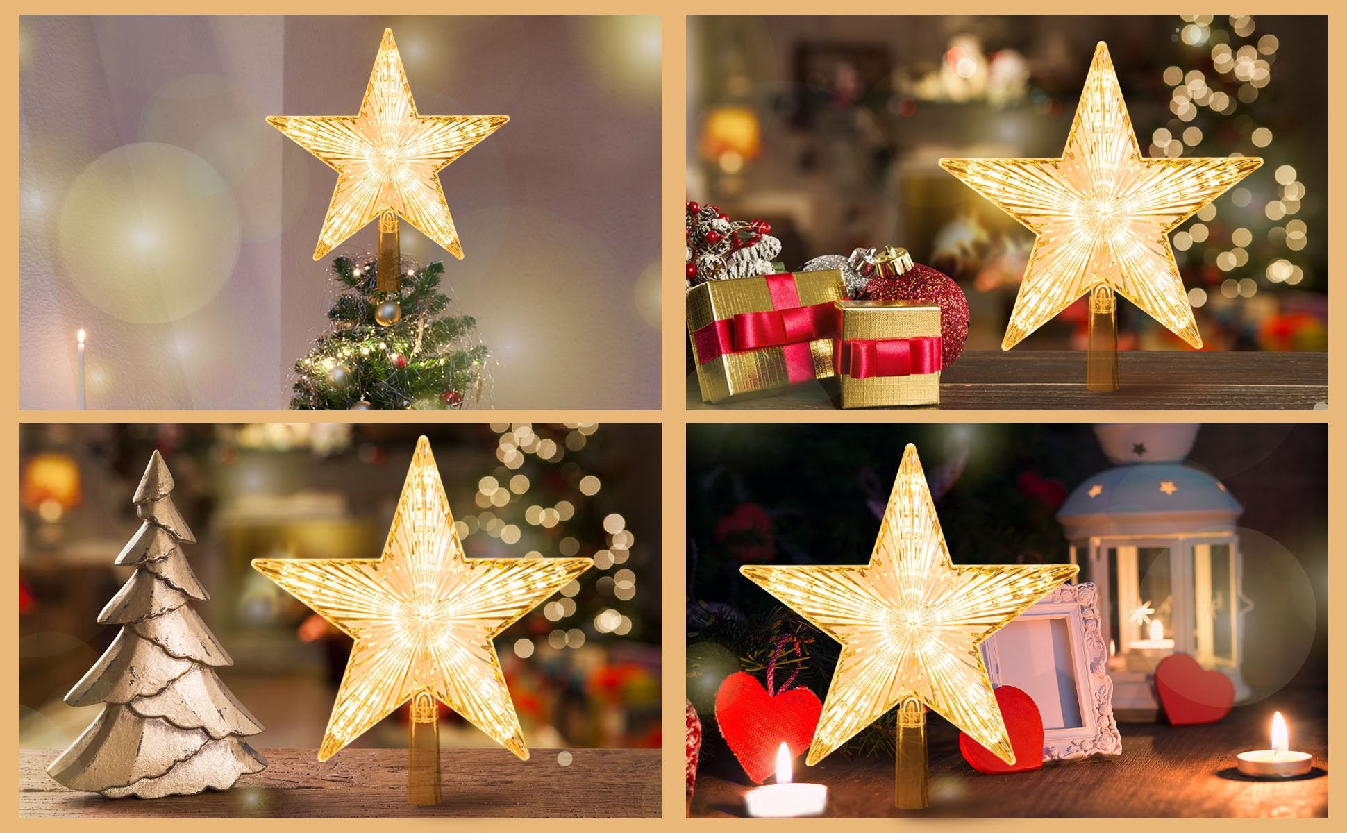 Four views of a warm white LED star tree topper with a ribbed prismatic design, illuminated and set against festive Christmas backgrounds.