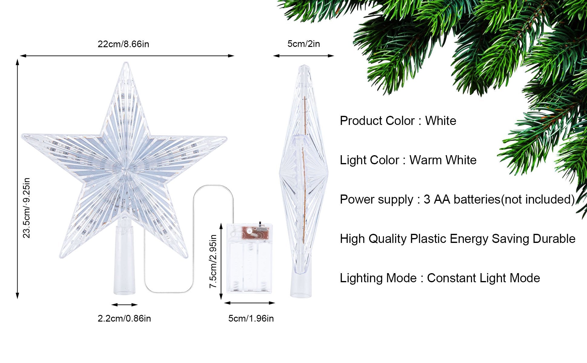 White LED star tree topper with ribbed prismatic design, showing dimensions and battery pack. Warm white lights.