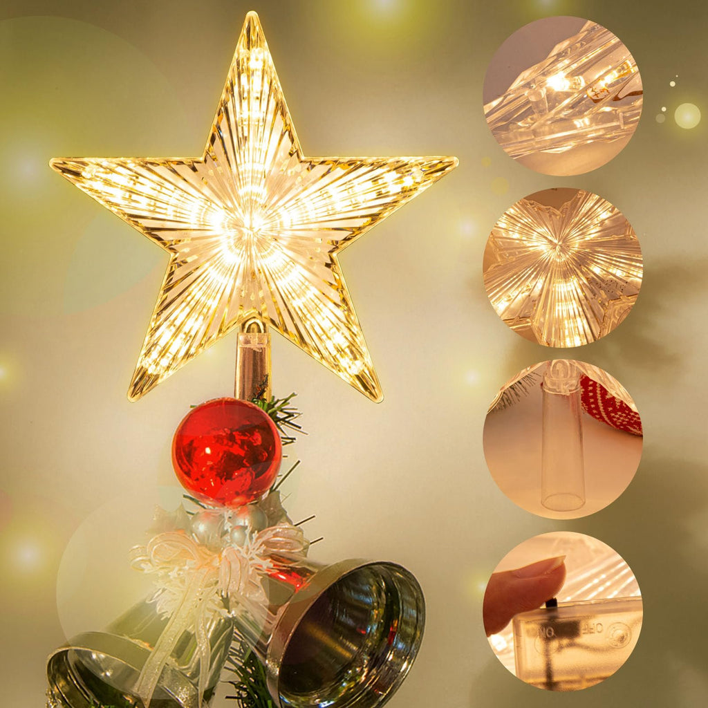 Star tree topper with warm white LED lights, showing close-ups of lights, the topper base, and battery pack with on/off switch.
