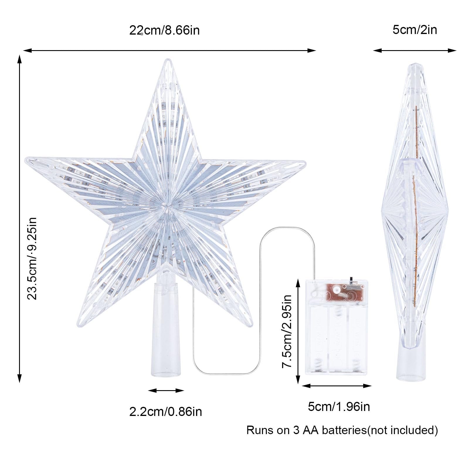 Star tree topper with LED lights and battery pack, showing dimensions