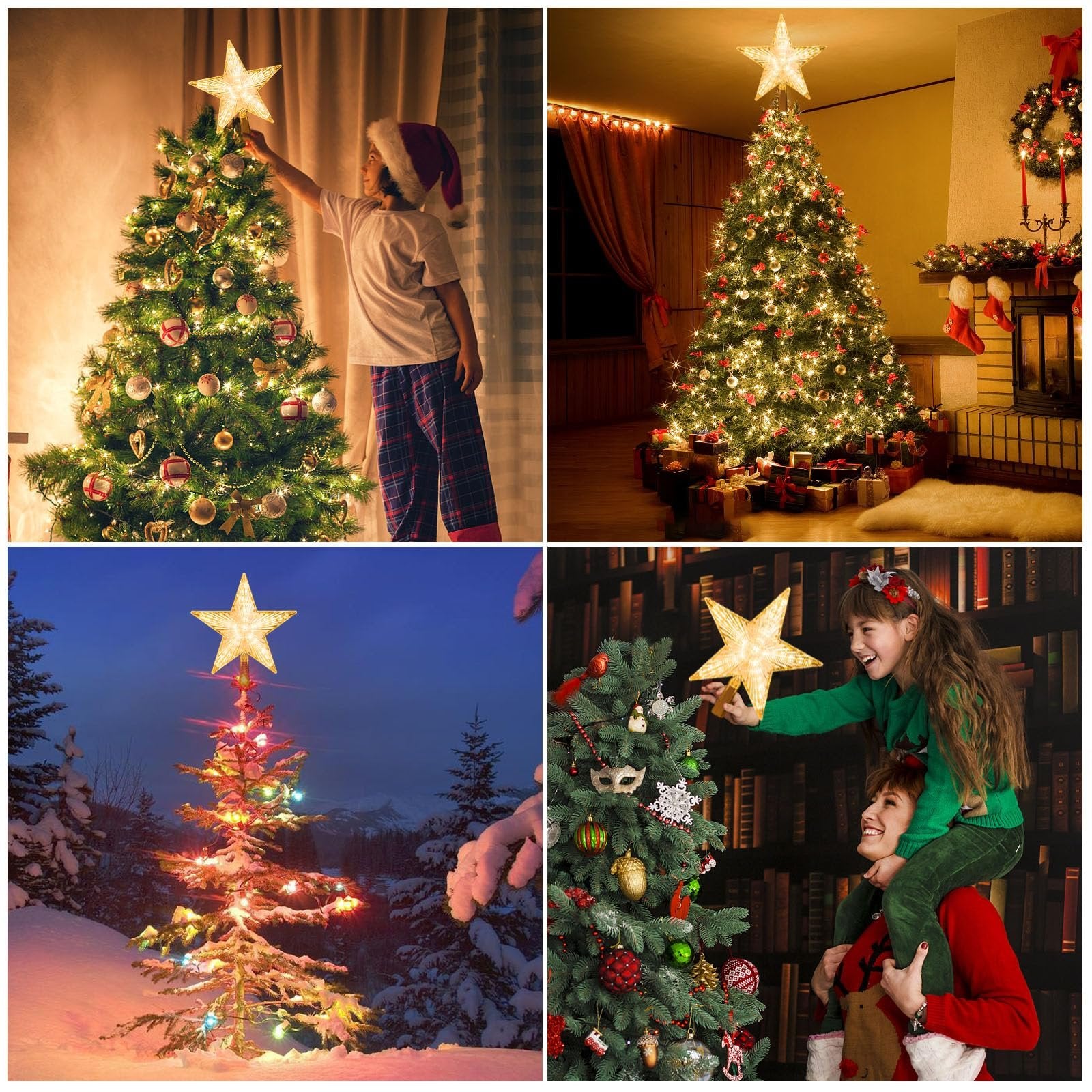 Collage of four scenes showing a star tree topper on Christmas trees, including a child placing it, a decorated tree indoors, a tree outdoors in snow, and a mother and child decorating a tree.