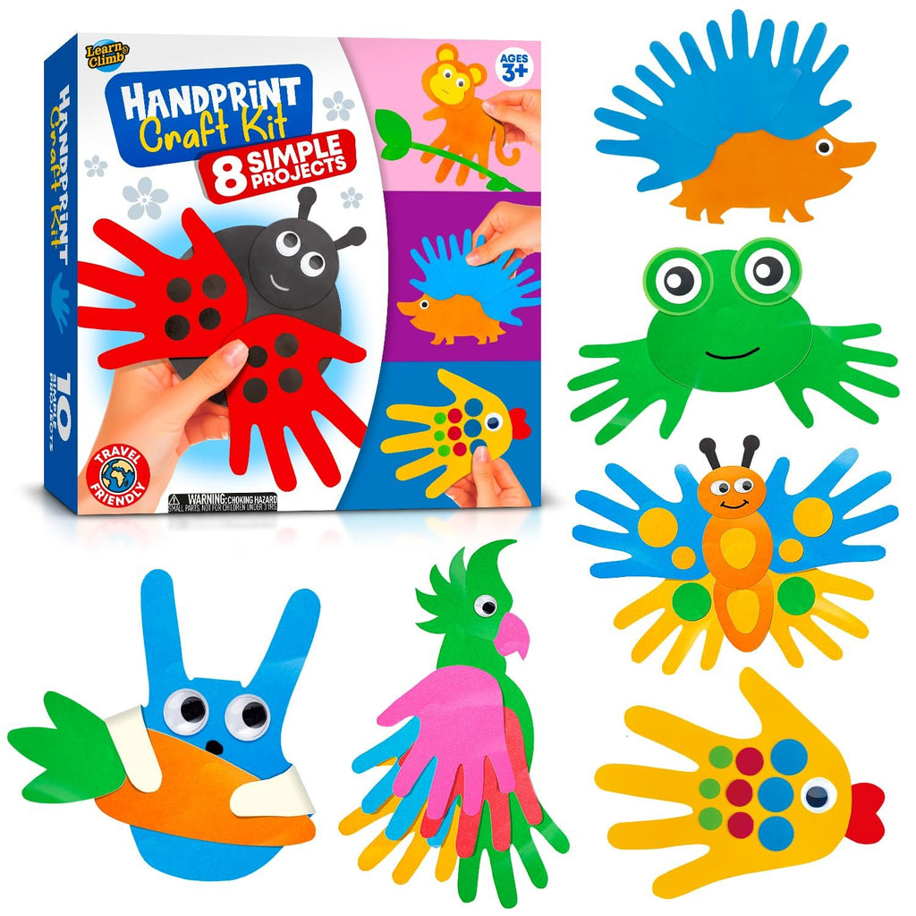 Handprint craft kit box and examples of finished animal crafts including a ladybug, hedgehog, frog, butterfly, parrot, fish, and bunny.