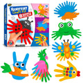 Handprint craft kit box and examples of finished animal crafts including a ladybug, hedgehog, frog, butterfly, parrot, fish, and bunny.