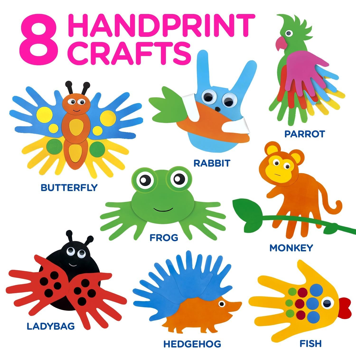 Eight different animal handprint crafts including a butterfly, rabbit, parrot, frog, ladybug, monkey, hedgehog, and fish.