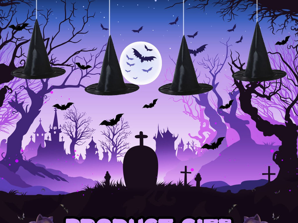 Four black witch hats hang against a spooky Halloween background with bats and a full moon.