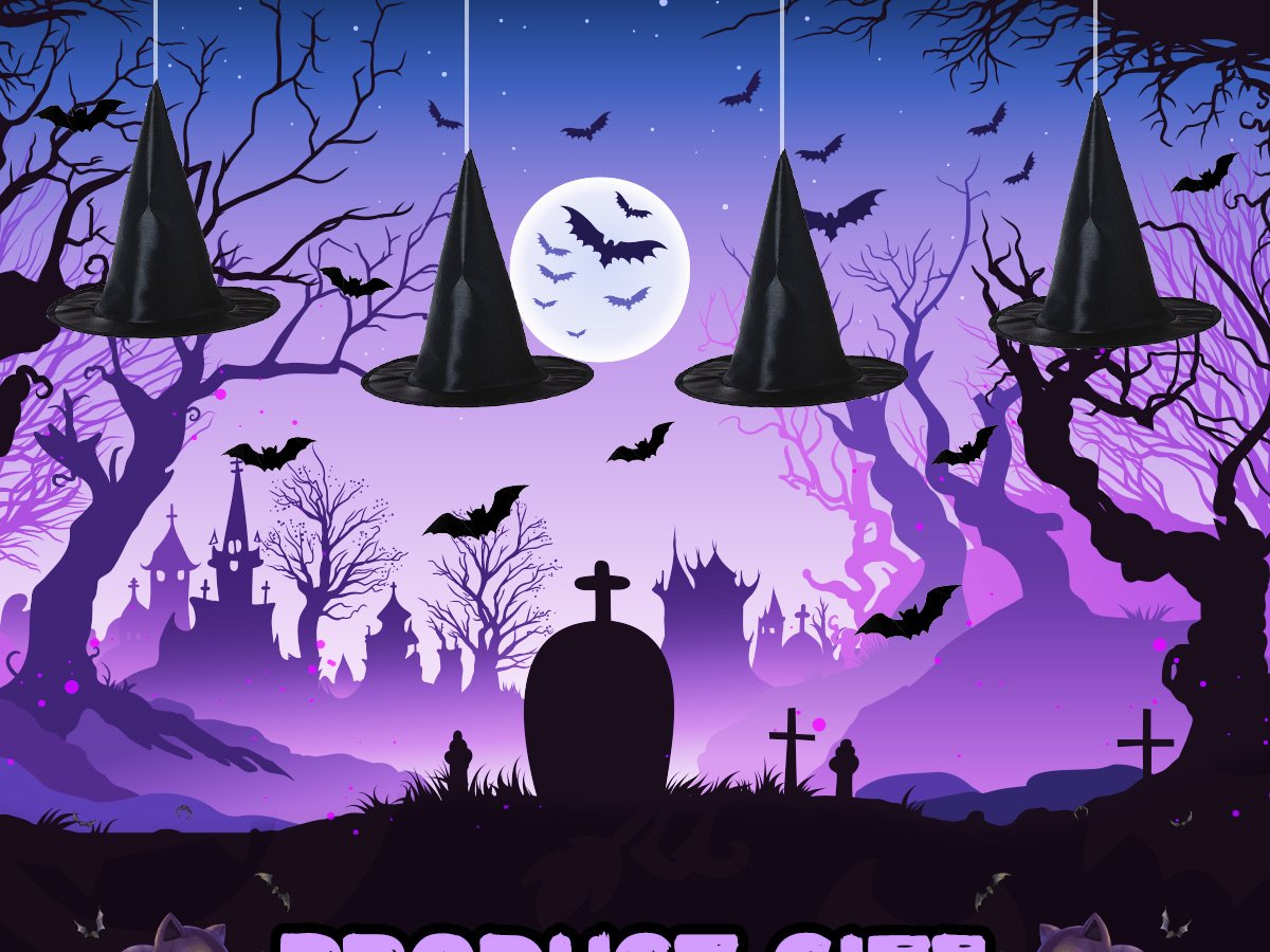Four black witch hats hang against a spooky Halloween background with bats and a full moon.